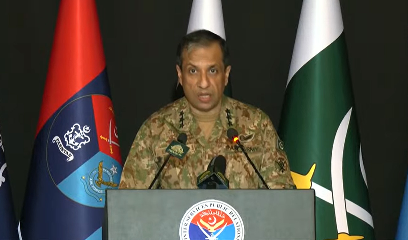 Screen grab of Pakistan Military spokesperson, DG Inter Services Public Relations, Lieutenant General Ahmed Sharif Chaudhry addressing media briefing in Islamabad, Pakistan, on May 8, 2025. (PTV)