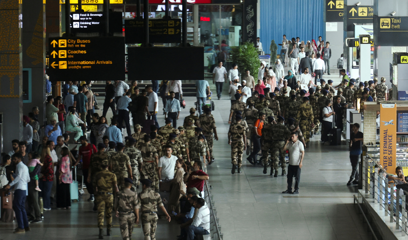 Central Industrial Security Force (CISF) personnel participate in the civil defence security mock drill at the Indira Gandhi International Airport in New Delhi, India, May 7, 2025. (REUTERS)
