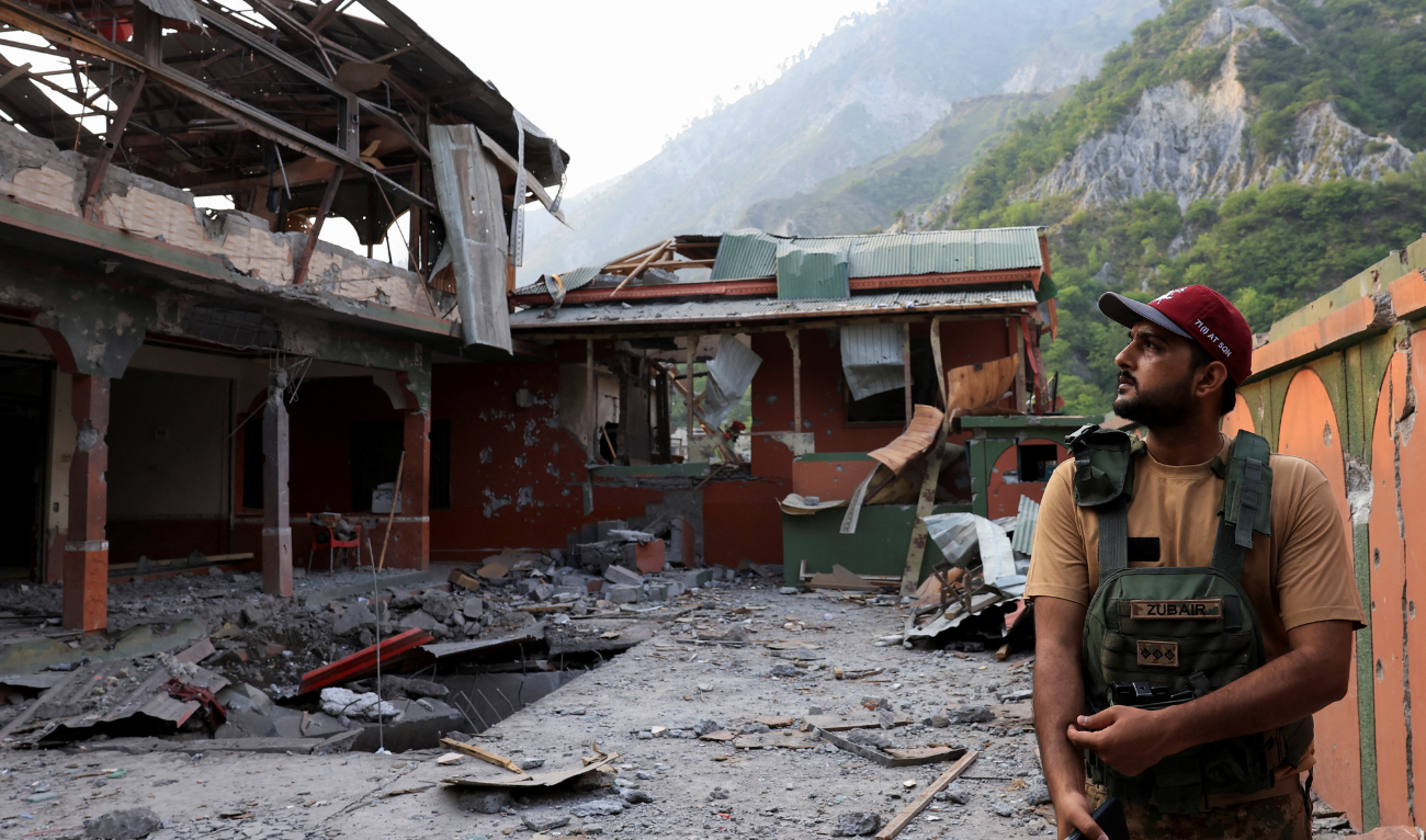 A Pakistan Army soldier stands at the premises of the Bilal Mosque, after it was hit by an Indian strike in Muzaffarabad, the capital of Pakistan-administered Kashmir, May 7, 2025. (REUTERS)