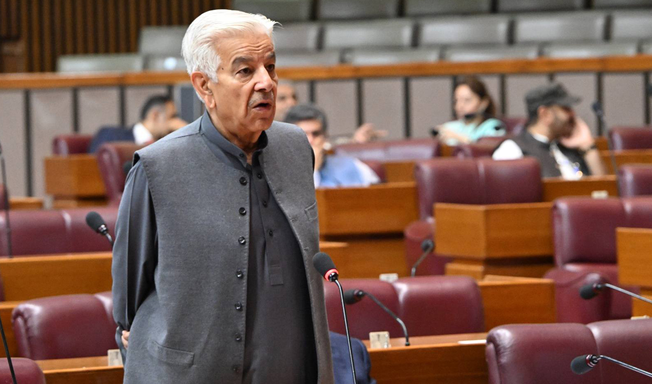 Defense Minister Khawaja Asif speaks during a parliamentary session at the National Assembly of Pakistan in Islamabad on May 9, 2025. (Photo courtesy: Handout/NA)