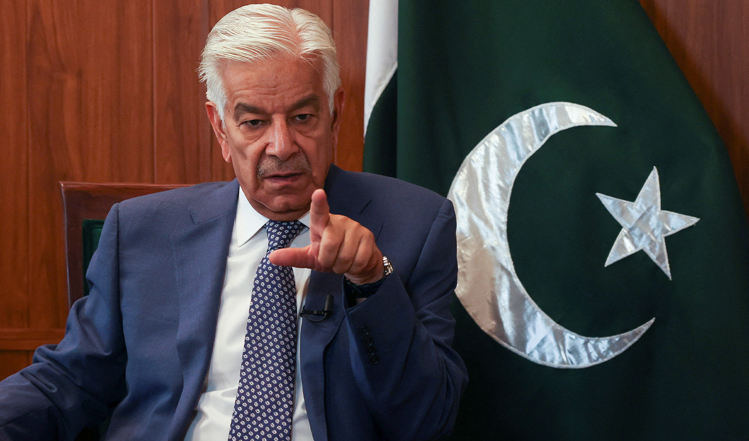 Pakistan's Defence Minister Khawaja Muhammad Asif gestures during an interview with Reuters in Islamabad, Pakistan, on May 8, 2025. (REUTERS/File)