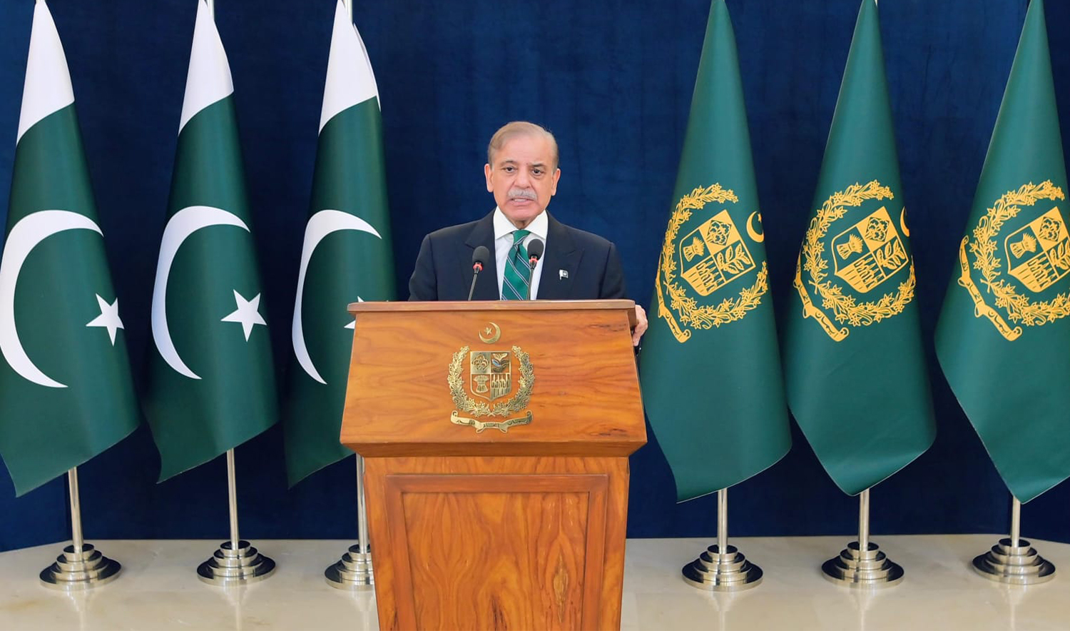 Pakistan Prime Minister Shehbaz Sharif addresses the nation in Islamabad, Pakistan, on May 10, 2025. (Government of Pakistan
