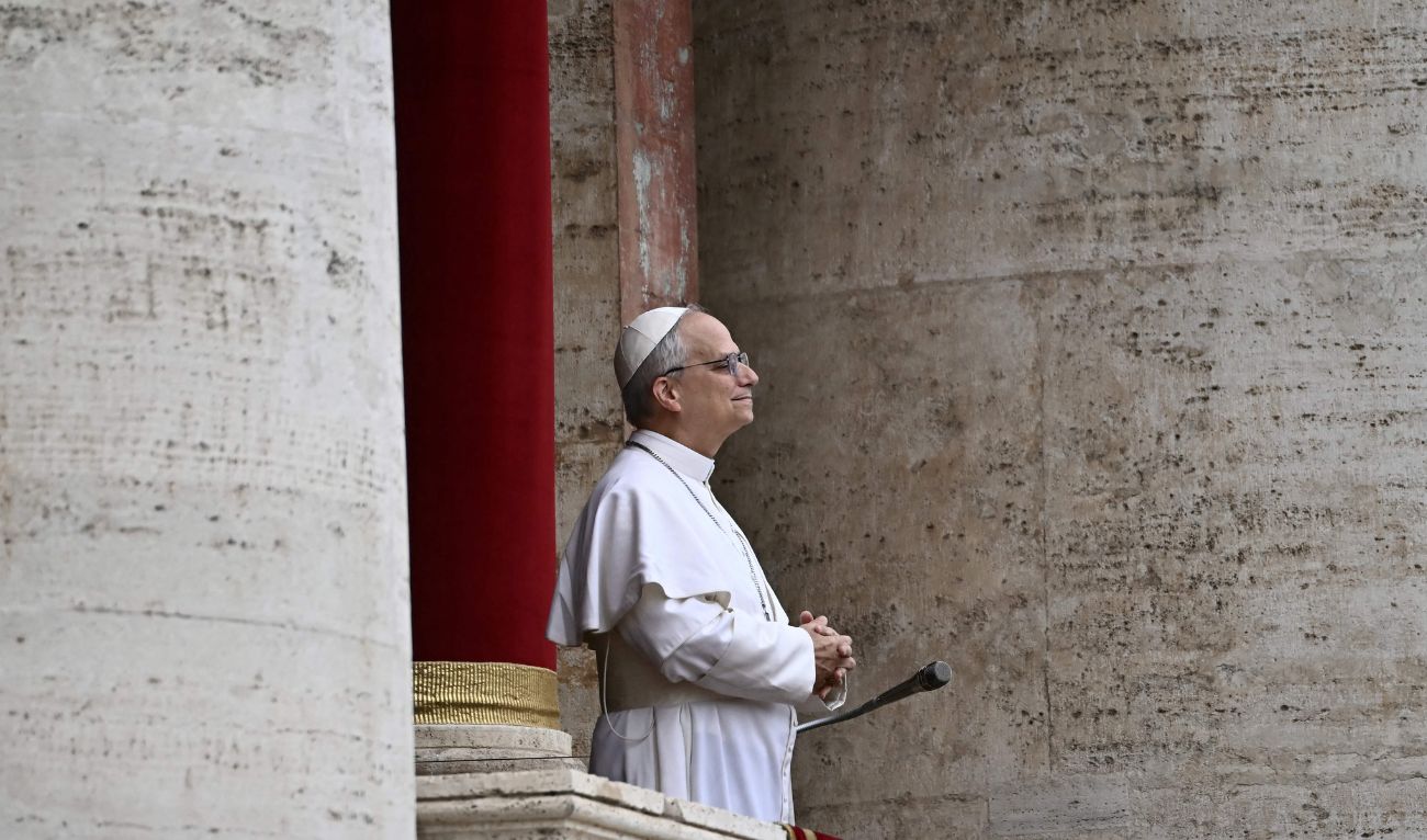 Pope Leo XIV delivers the Regina Caeli prayer from the main central loggia of St Peter's basilica in The Vatican, on May 11, 2025. (AFP)