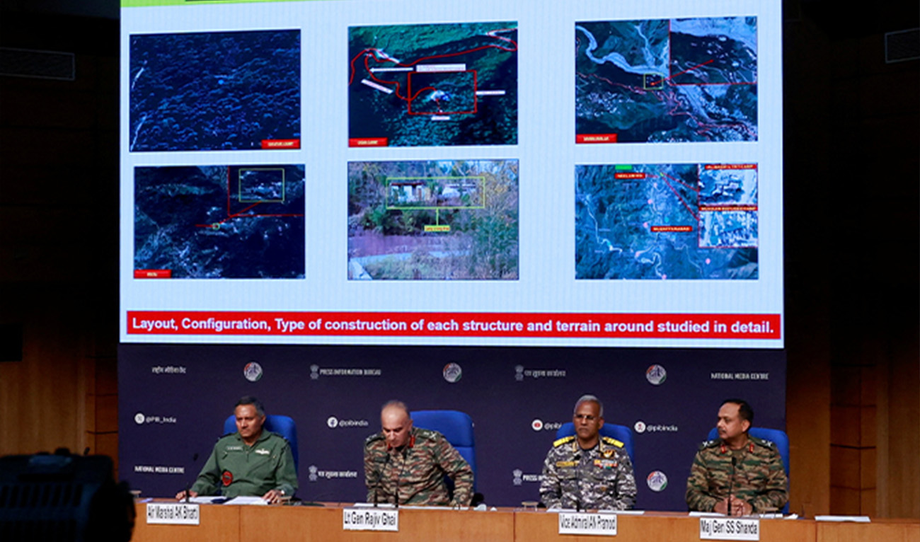 (From L to R) Air Marshal AK Bharti, Lieutenant General Rajiv Ghai, Vice Admiral AN Pramod and Major General SS Sharda attend a press briefing at the National Media Centre in New Delhi, India, May 11, 2025. (Reuters)