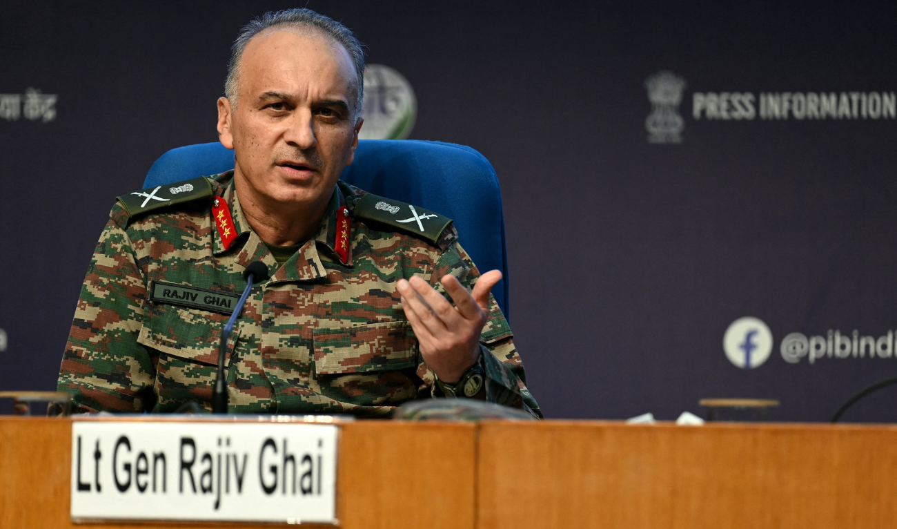 Indian Army Director General of Military Operations Lt. Gen. Rajiv Ghai address during a press conference in New Delhi, on May 12, 2025. (AFP)