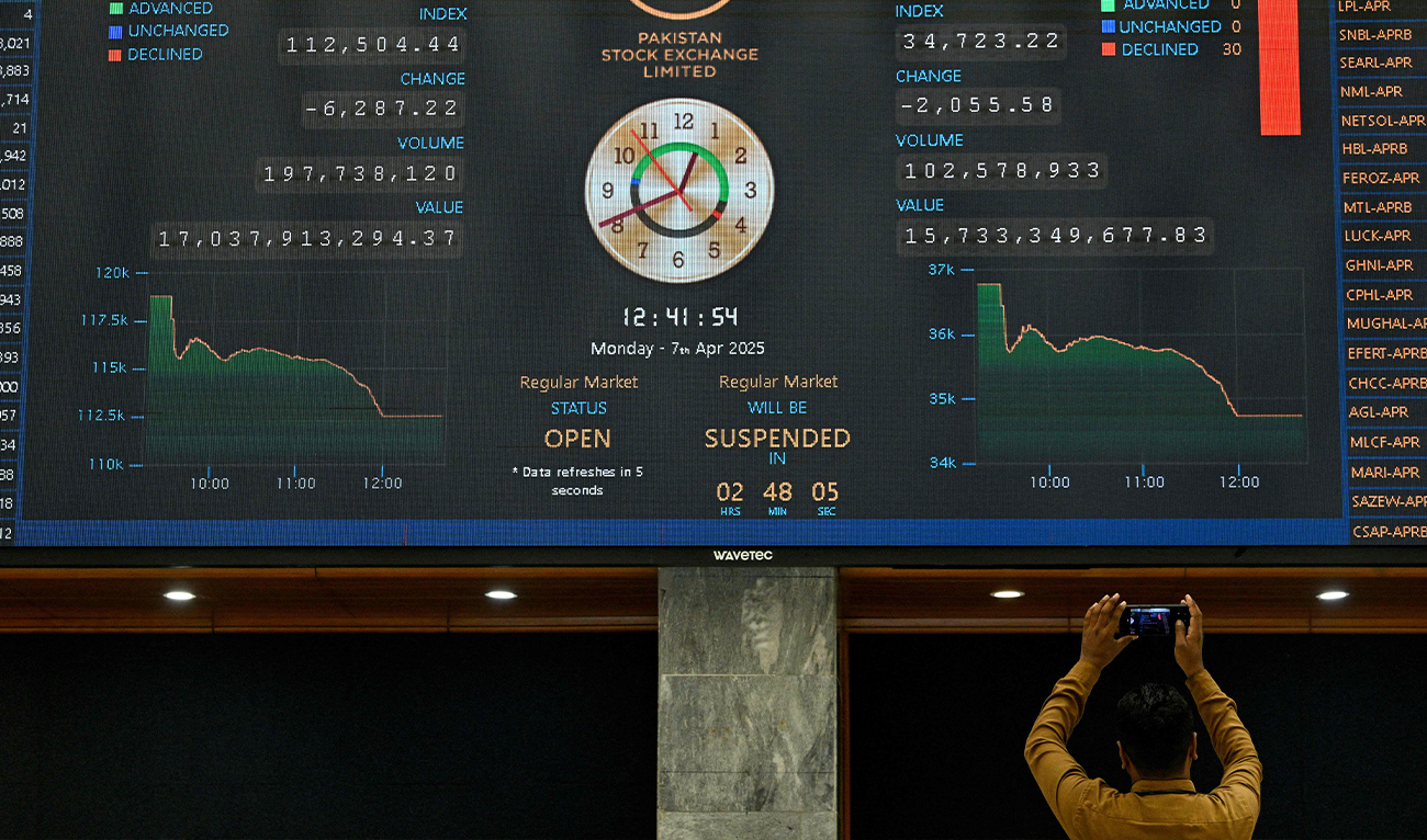 A stock broker records video on his phone during a trading session at the Pakistan Stock Exchange (PSX) in Karachi on April 7, 2025. (AFP/File)