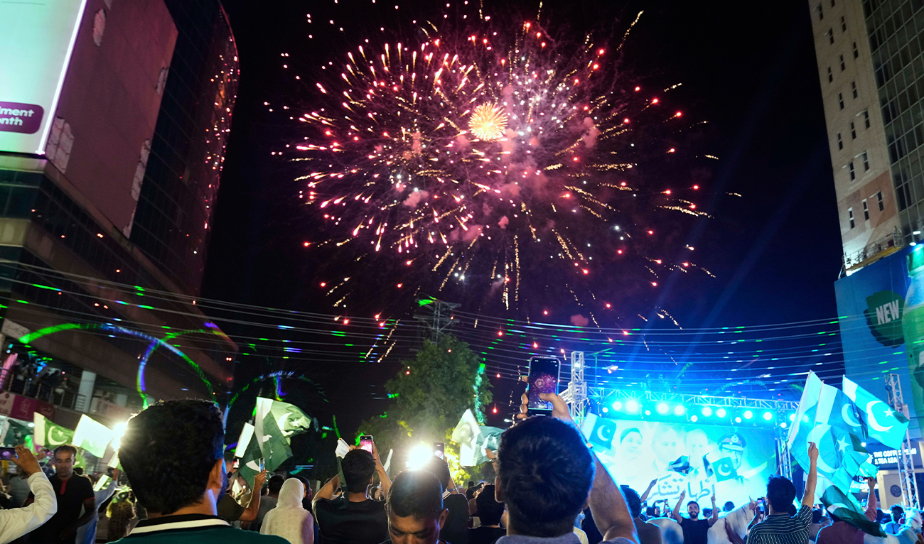 People watch fireworks during an event to show solidarity with the Pakistan Army, a day after the ceasefire between Indian and Pakistan was announced, in Lahore, Pakistan, on May 11, 2025. (AP)