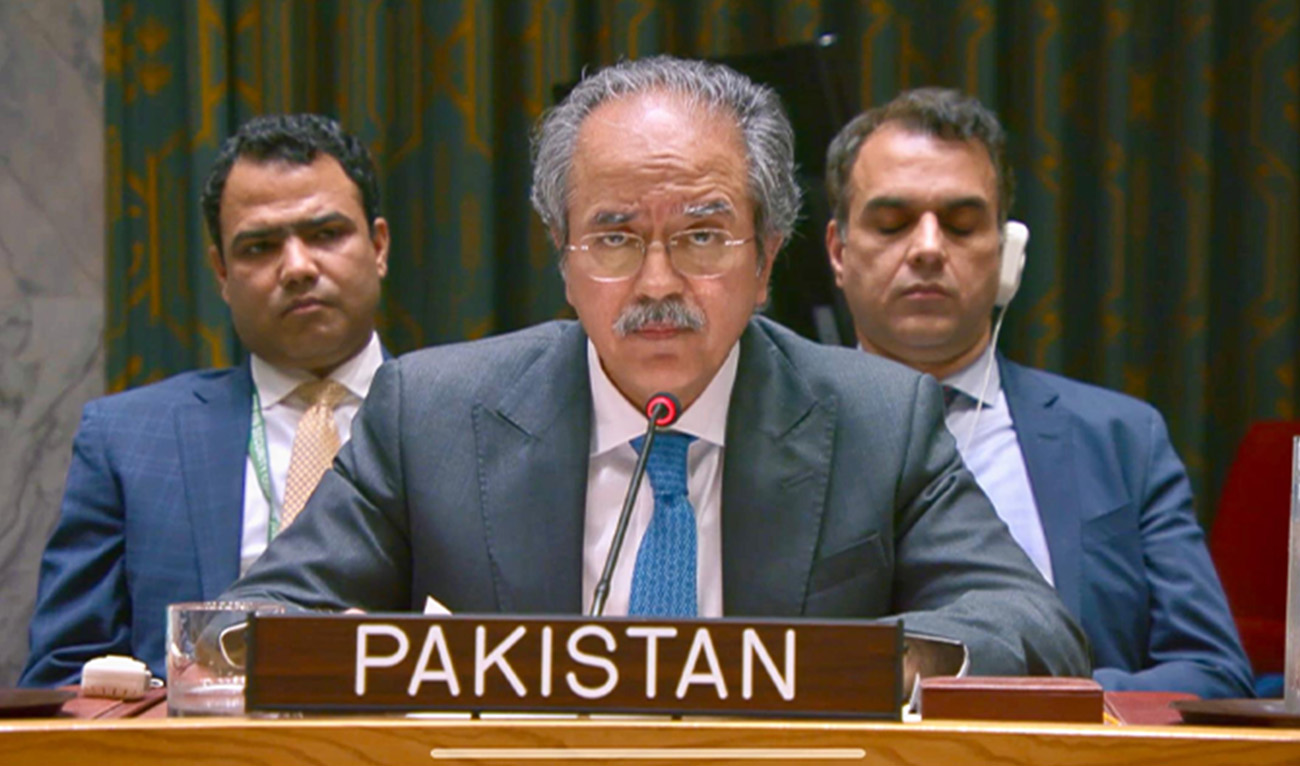 Pakistan's permanent representative to the United Nations, Asim Iftikhar Ahmed, speaks at the security council's briefing on the humanitarian situation in Gaza on May 13, 2025. (@PakistanUN_NY/X)