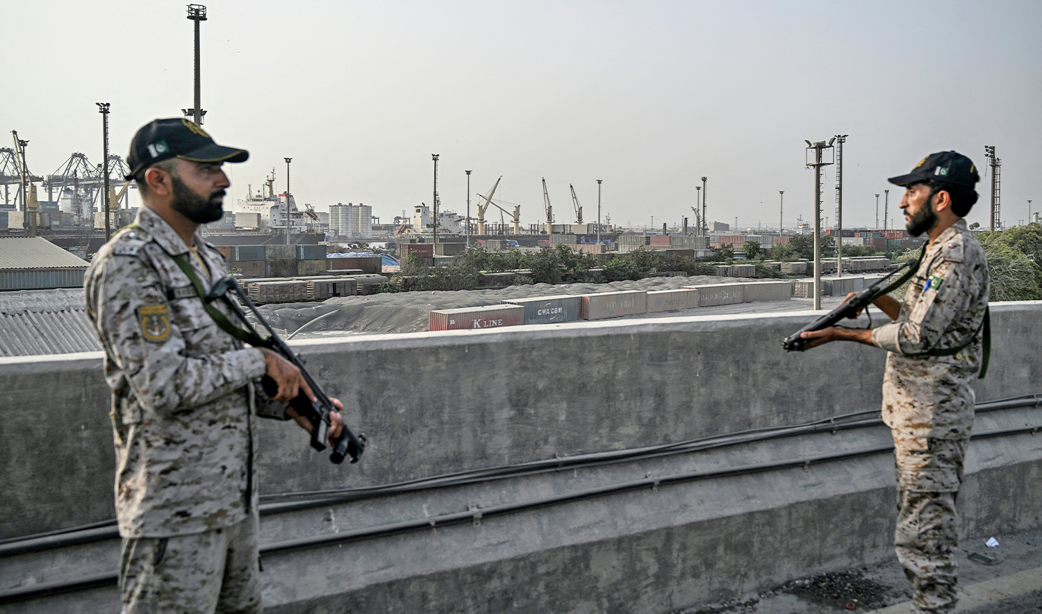 Security personnel stand guard near the Karachi Port in Karachi on May 9, 2025, amid the ongoing border tensions between India and Pakistan after the Kashmir tourist attack. (AFP)