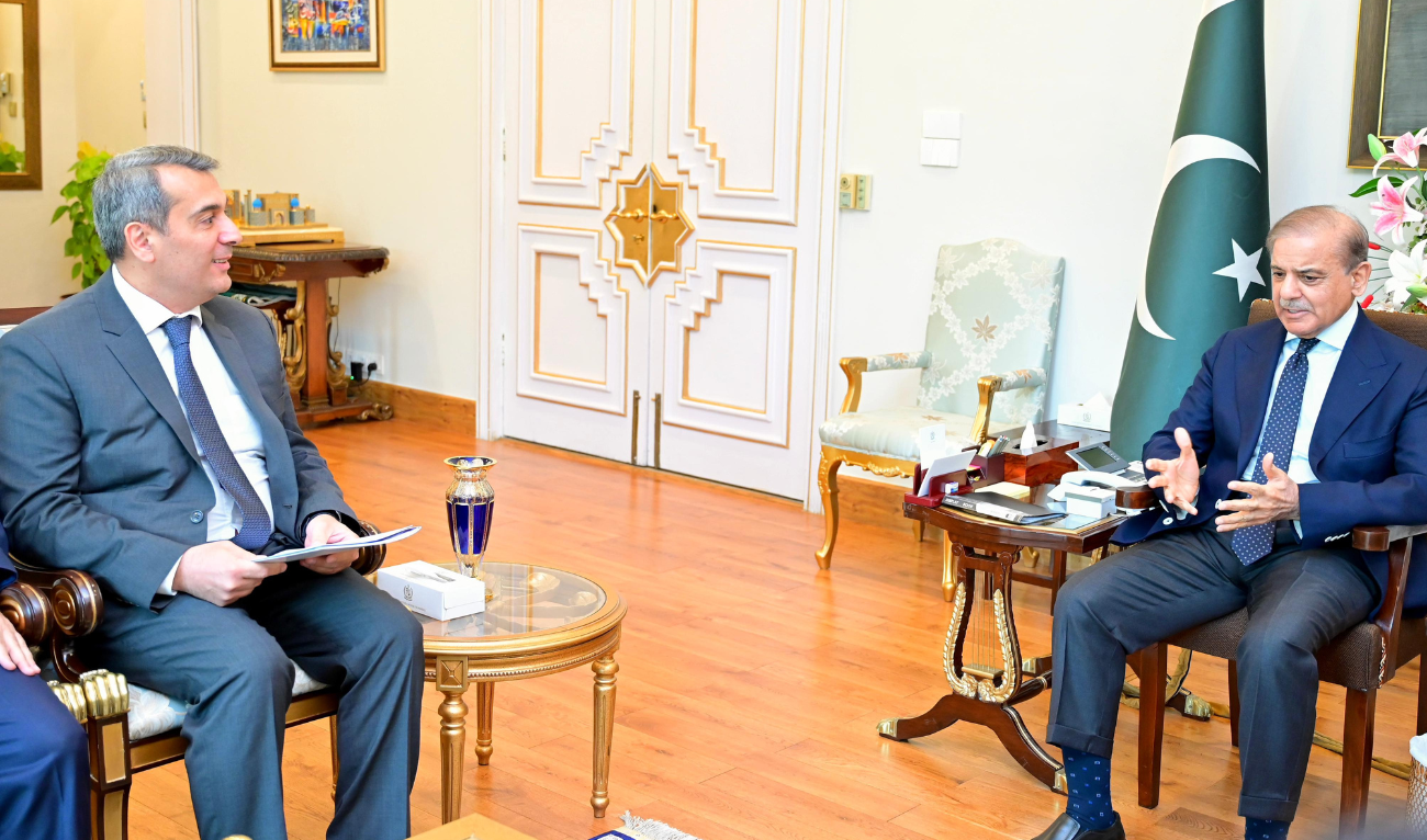 Prime Minister Shehbaz Sharif meeting with Azerbaijani Ambassador Khazar Farhadov in Islamabad, Pakistan, on May 15, 2025. (PMO)