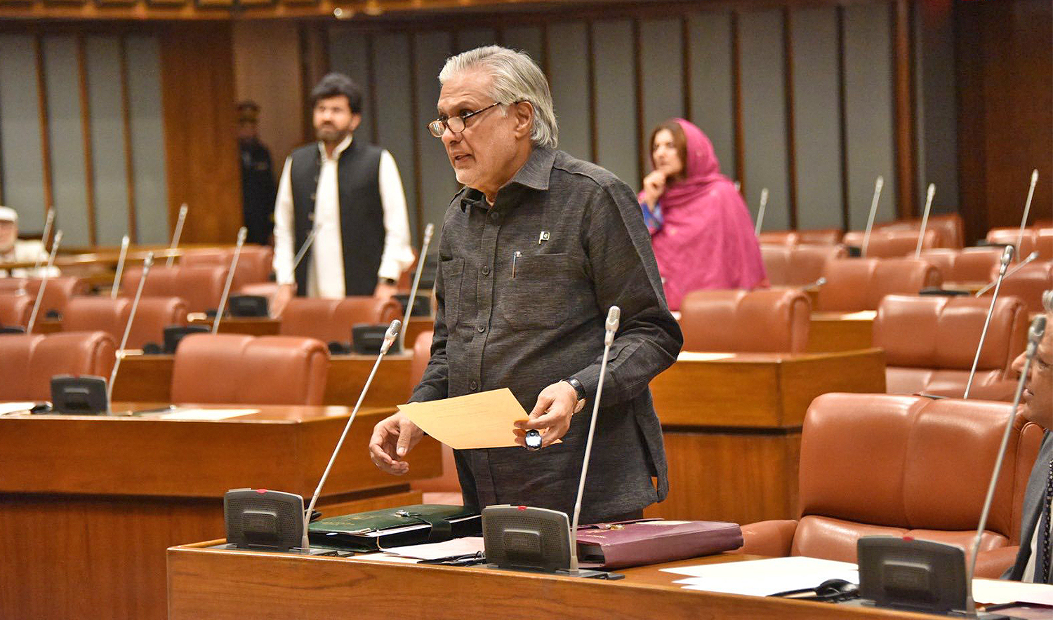 Pakistan’s Deputy Prime Minister Ishaq Dar is addressing a session of Senate in Islamabad, Pakistan, on May 14, 2025. (Senate of Pakistan/File)