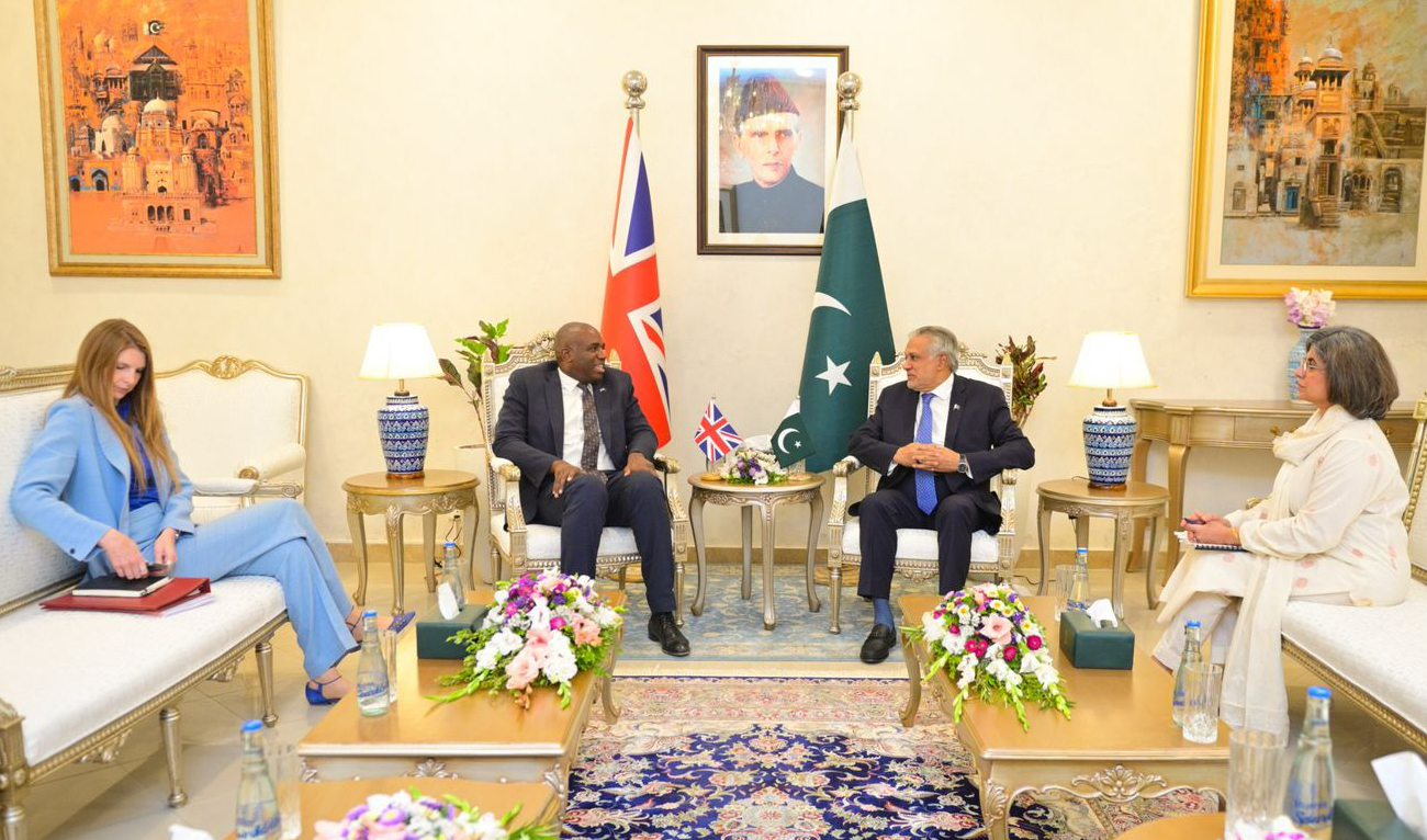 (From left to right:) This handout photo, released by Pakistan’s foreign ministry, shows British High Commissioner Jane Marriott, British Foreign Secretary David Lammy, Pakistan Foreign Minister Ishaq Dar and Pakistan’s Foreign Secretary Amna Baloch during a bilateral meeting in at the Ministry of Foreign Affairs in Islamabad on May 16, 2025. (Photo courtesy: Handout/MOFA)