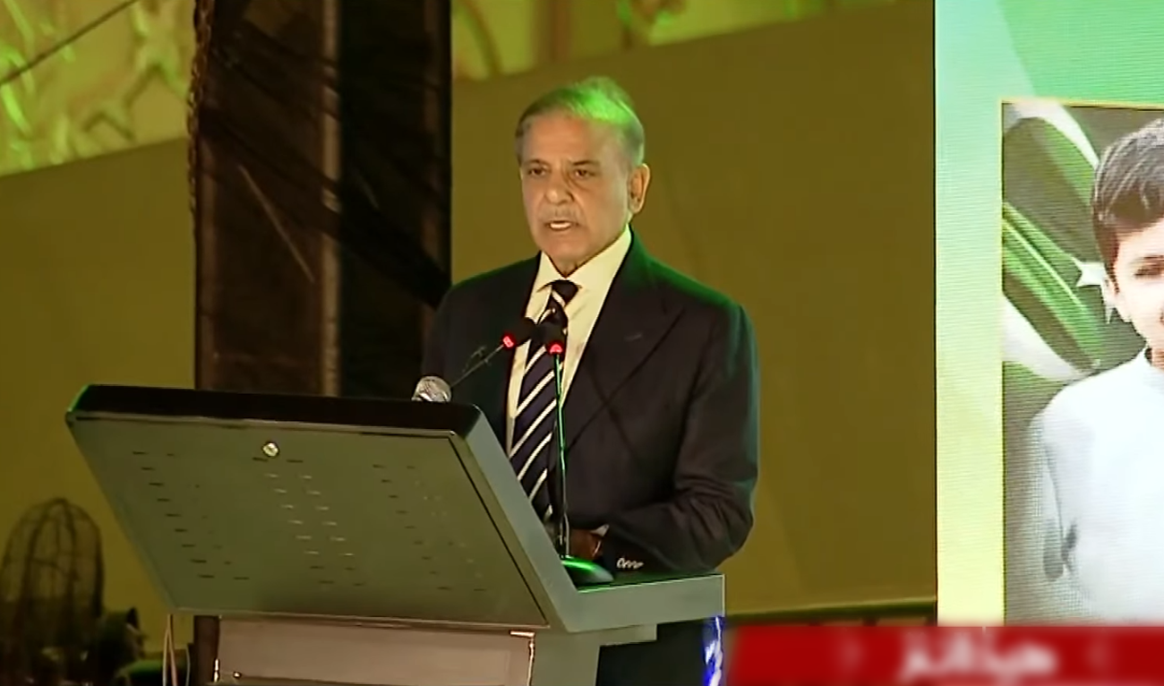 Prime Minister Shehbaz Sharif speaks during a ceremony commemorating the “Day of Gratitude,” to honor Pakistan’s military response to Indian strikes inside its territory last week, in Islamabad on May 16, 2025. (Screengrab/PTV)