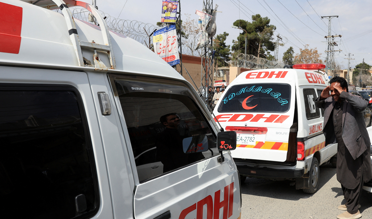 In this file photo, taken on March 13, 2025, a man reacts next to ambulances carrying the bodies of victims, who were killed in Jaffar Express train hijacking, in Quetta, Pakistan. (REUTERS/File)