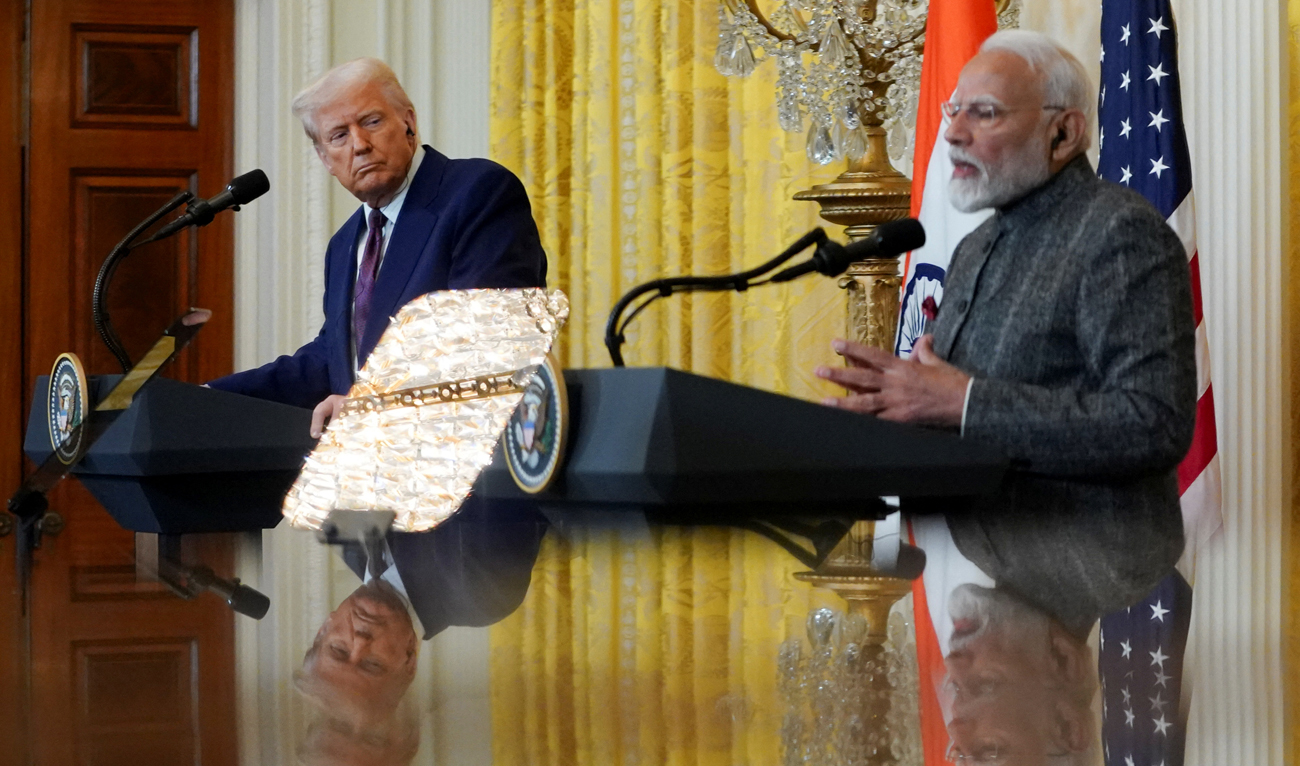 US President Donald Trump and Indian Prime Minister Narendra Modi are pictured in a mirror as they attend a joint press conference at the White House in Washington, D.C., US on February 13, 2025. (REUTERS/File)