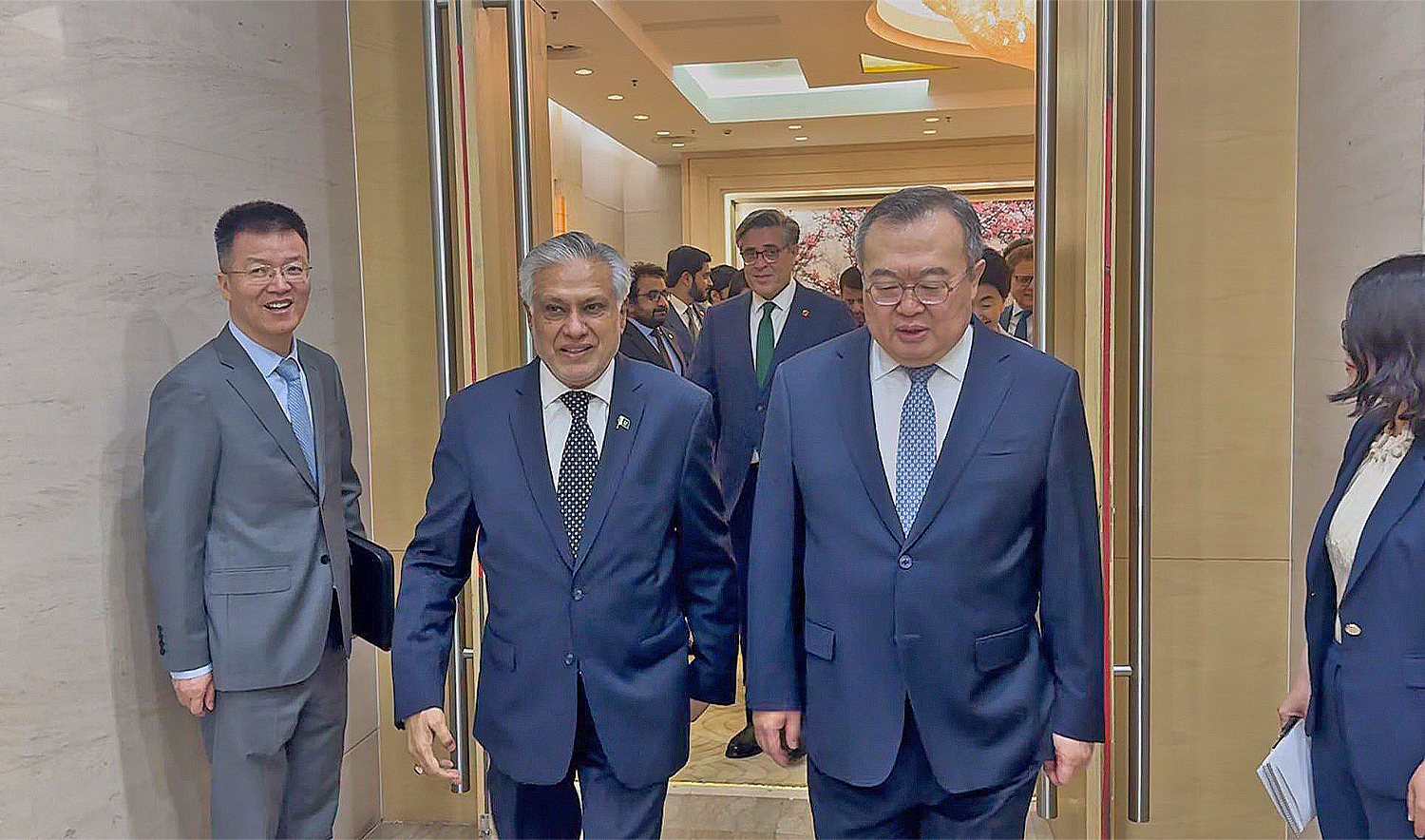 Pakistan’s Deputy Prime Minister Ishaq Dar (center left) meets with the Minister of International Department of the Communist Party of China (IDCPC), Liu Jianchao, in Beijing on May 19, 2025. (Government of Pakistan)