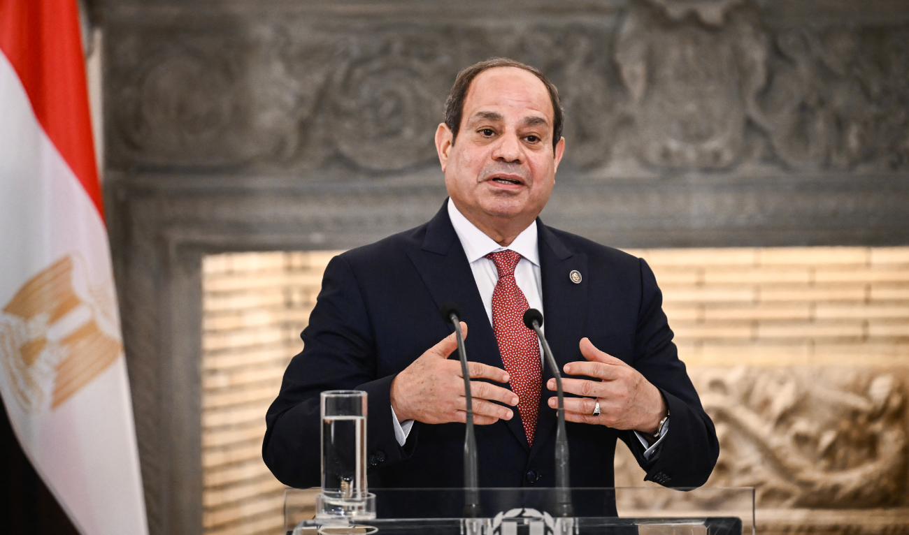 Egyptian President Abdel Fattah El-Sisi speaks during a joint press conference with Greek Prime Minister following their meeting as part of a visit in Athens on May 7, 2025. (AFP)