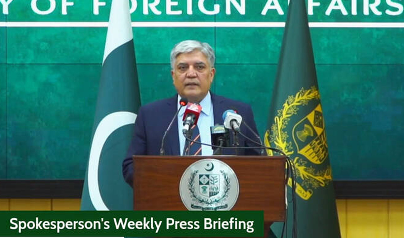 The screengrab taken from the press conference of Pakistan’s Ministry of Foreign Affairs shows the foreign office’s spokesperson Shafqat Ali Khan addressing the weekly media briefing in Islamabad on May 16, 2025. (Screengrab/MOFA)