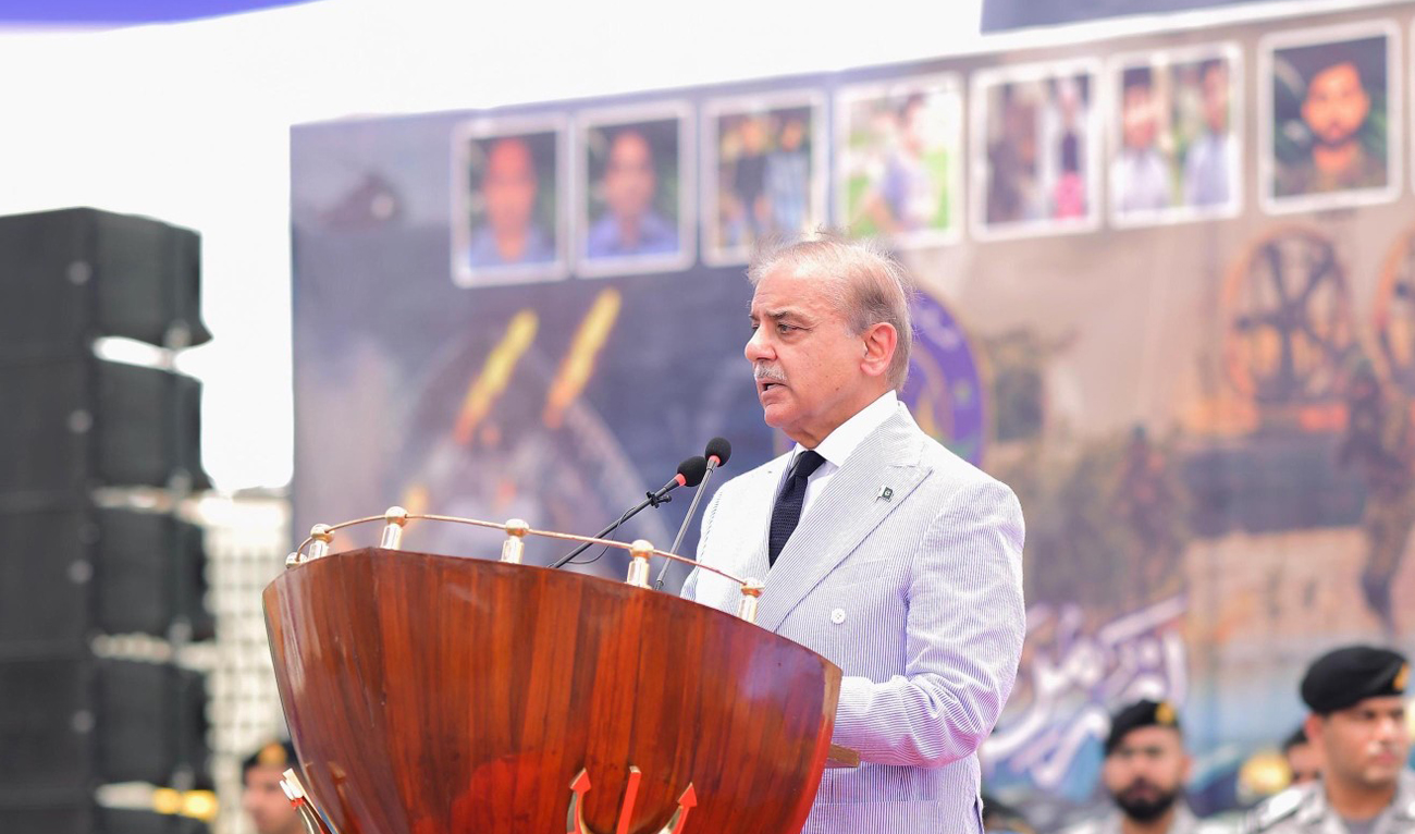 Pakistan Prime Minister Shehbaz Sharif addresses the officers and sailors of Pakistan Navy at Naval Dockyard in Karachi on May 19, 2025. (Photo courtesy: Handout/PMO)