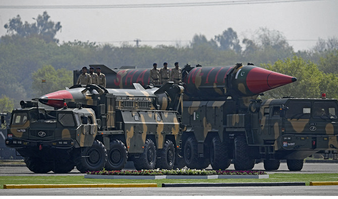 Pakistan’s military vehicles carry ballistic missiles while participating in an annual parade to mark the country’s National Day in Islamabad, Pakistan, on March 23, 2021. (AFP/File)