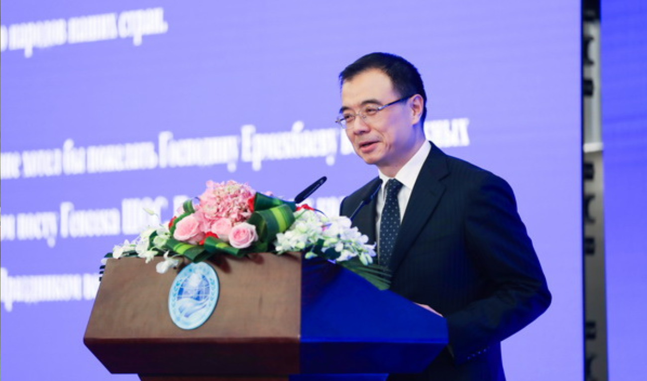 Assistant Foreign Minister Liu Bin delivers an address at the reception for the assumption of office of the Secretary-General of the Shanghai Cooperation Organization on January 17, 2025. (Photo courtesy: Ministry of Foreign Affairs, China)
