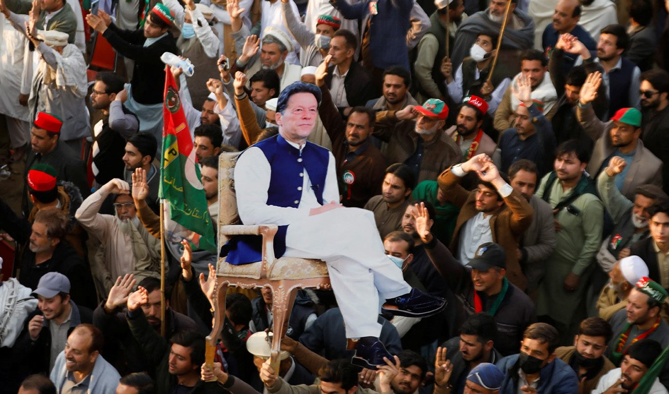 Supporters of the former Pakistani Prime Minister Imran Khan's party, the Pakistan Tehreek-e-Insaf (PTI), carry a cutout of him, as they gather, to protest what they call a black day and a stolen mandate in last year's general election, during a rally in Swabi, Pakistan February 8, 2025. (Reuters/File)