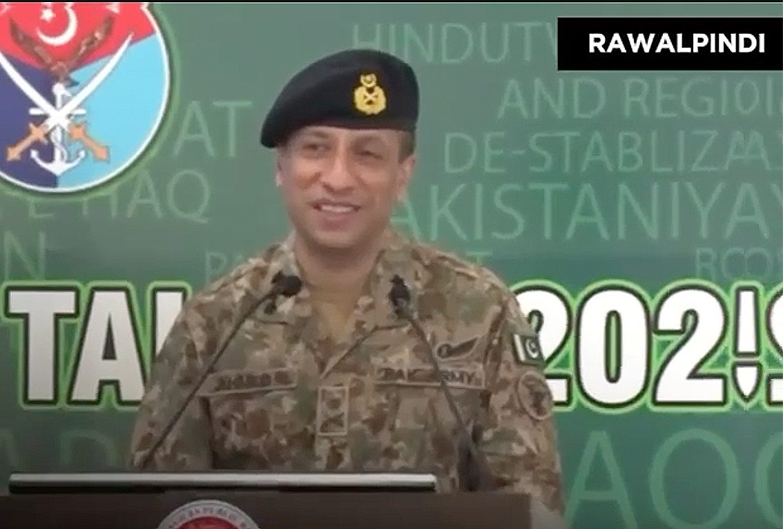 Pakistan's army spokesperson, Lt Gen Ahmed Sharif Chauhdry, addresses teaches at Hilal Talks 2025 in Rawalpindi, Pakistan, on May 29, 2025. (Radio Pakistan/Screengrab)