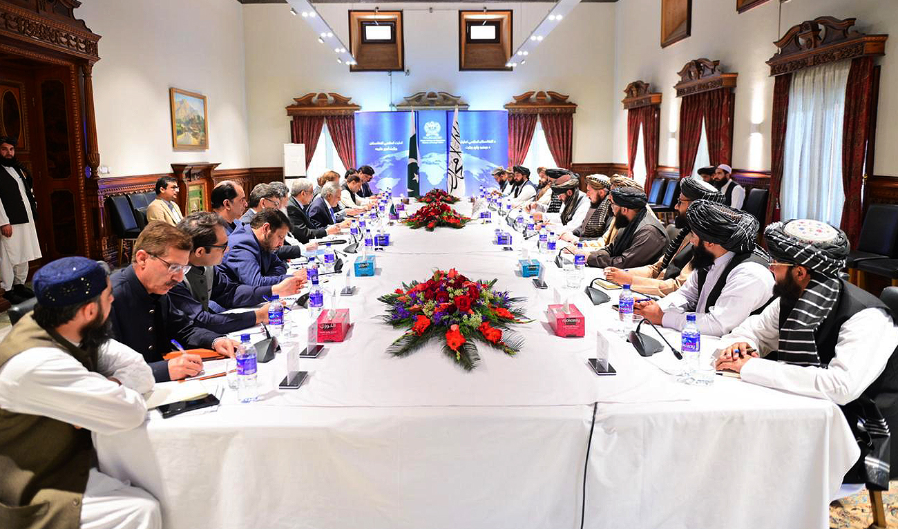 This file photo taken on April 19, 2025 shows Pakistan’s Foreign Minister and Deputy Prime Minister Ishaq Dar (9L) speaks during a meeting with Acting Afghan Foreign Minister Amir Khan Muttaqi (8R) and other Taliban government officials in Kabul. (Photo courtesy: Handout/MOFA/File)