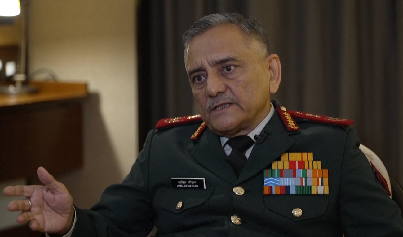 General Anil Chauhan, India’s chief of defense staff, speaks during an interview with Reuters on the sidelines of the Shangri-La Dialogue security forum in Singapore on May 31, 2025. (Reuters)