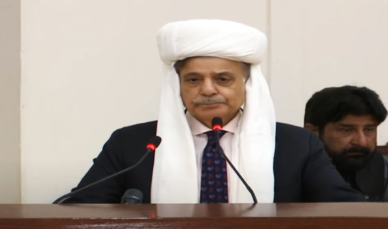 The screengrab taken from a livestream shows Prime Minister Shehbaz Sharif addressing a grand jirga, an assembly of provincial elders and influential figures, in Quetta, Pakistan, on May 31, 2025. (Screengrab/PTV News)