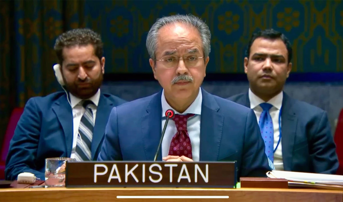 Ambassador Asim Iftikhar Ahmad, Pakistan’s Permanent Representative to the UN, speaks during a United Nations Security Council session at UN Headquarters in New York, United States, on April 7, 2025. (X/@PakistanUN_NY/File)