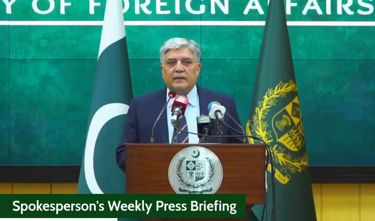 The screengrab taken from the press conference of Pakistan’s Ministry of Foreign Affairs shows the foreign office’s spokesperson Shafqat Ali Khan addressing the weekly media briefing in Islamabad on May 16, 2025. (Screengrab/MOFA)