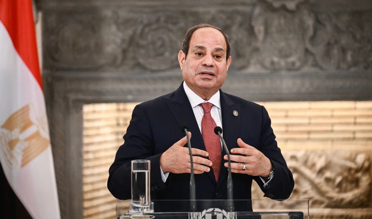 Egyptian President Abdel Fattah El-Sisi speaks during a joint press conference with Greek Prime Minister following their meeting as part of a visit in Athens on May 7, 2025. (AFP)
