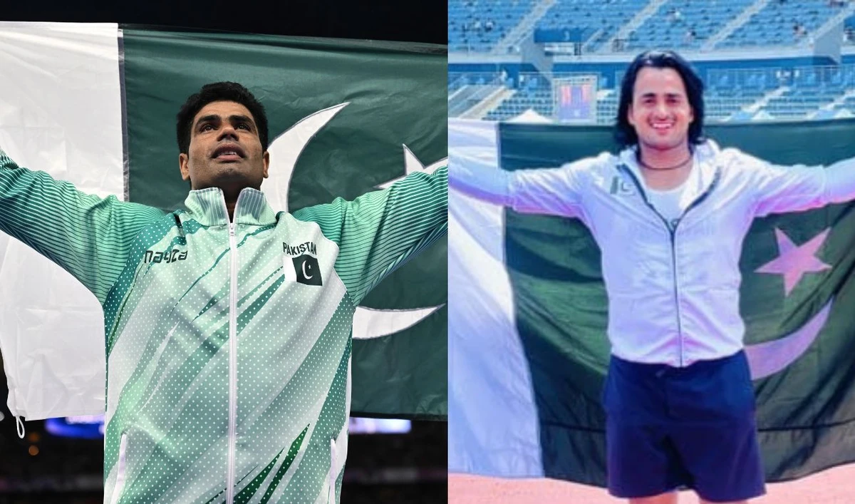 The combination of photos shows Pakistan's Gold medallist Pakistan's Arshad Nadeem (L) celebrating after winning in the men's javelin throw final of the athletics event at the Paris 2024 Olympic Games, on August 8, 2024, and an undated file photo of Muhammad Yasir. (AFP)