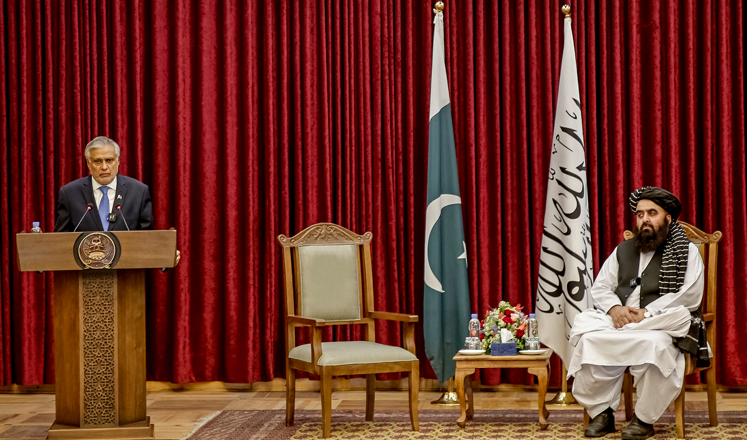 Pakistan's Foreign Minister Ishaq Dar (L) speaks during a bilateral meeting with his Afghanistan counterpart Amir Khan Muttaqi at the former presidential palace in Kabul on April 19, 2025. (Afghanistan's Ministry of Foreign Affairs / AFP)