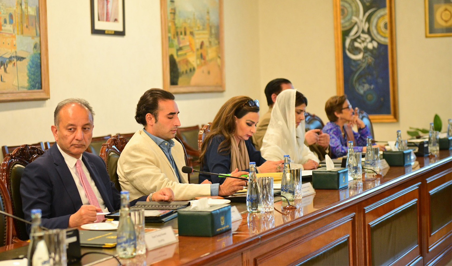Pakistan's former foreign minister Bilawal Bhutto Zardari (second from left) along with other Pakistan officials attend a brieifing at Ministry of Foreign Affairs in Islamabad, Pakistan, on May 20, 2025, as in Pakistan’s latest diplomatic push following its conflict with India last month. (MOFA/Facebook)