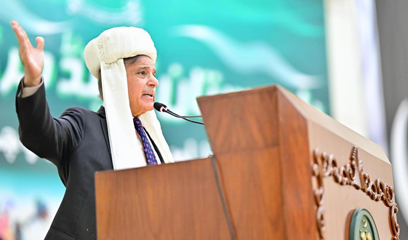 Pakistan Prime Minister Shehbaz Sharif addressing a grand jirga, an assembly of provincial elders and influential figures, in Quetta, Pakistan, on May 31, 2025. (PID)