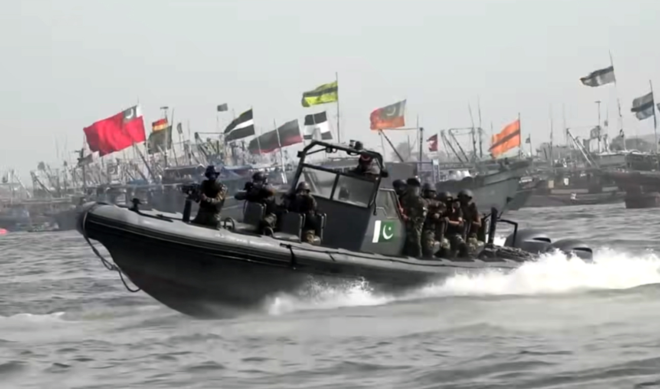 The screengrab taken from a video released by the Pakistan Navy on May 1, 2025, shows a naval boat participating in a two-day exercise in the Arabian Sea. (Screengrab/Facebook/Pakistan Navy)