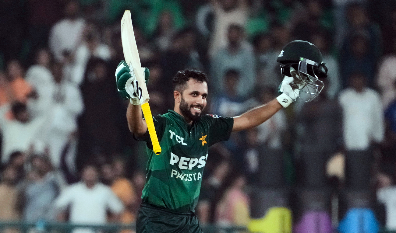 Pakistan’s Mohammad Haris celebrates after scoring century during the third Twenty20 cricket match between Pakistan and Bangladesh, in Lahore, Pakistan, on June 1, 2025. (AP)