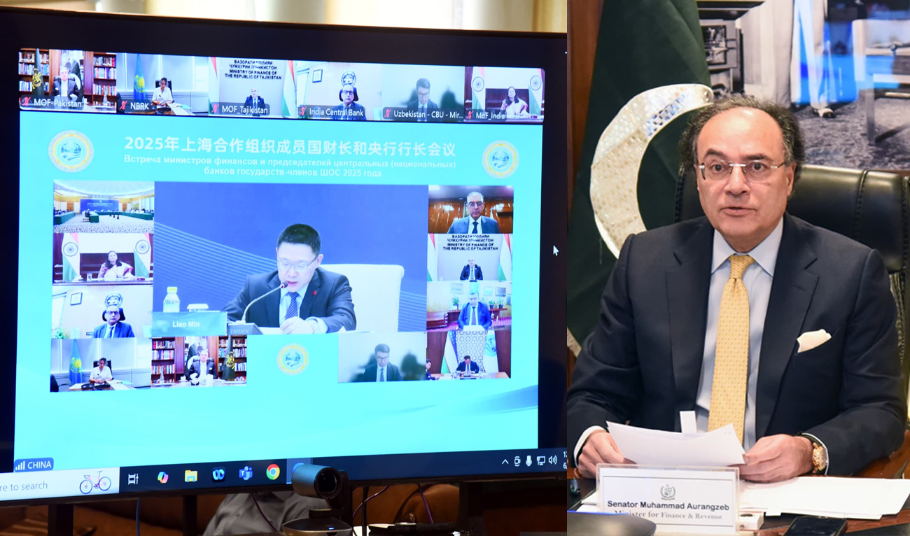 Federal Minister for Finance and Revenue, Muhammad Aurangzeb (right), virtually addressing the Meeting of SCO Finance Ministers and Central Bank Governors being held in Beijing, China, from Islamabad, Pakistan, on May 3, 2025. (Ministry of Finance, Pakistan)