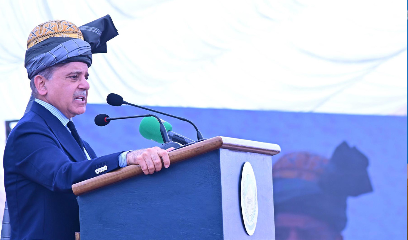In this handout photo released by Government of Pakistan, country's Prime Miniter Shehbaz Sharif addressing a jirga at Peshawar, Pakistan, on June 3, 2025.