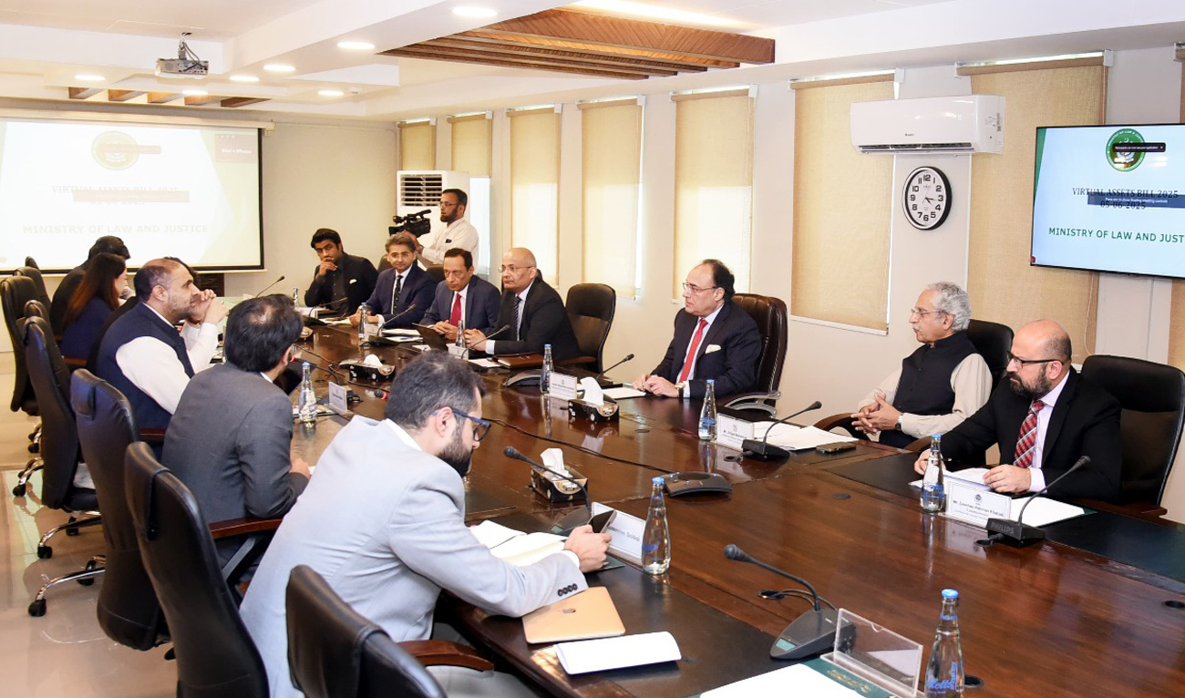 Pakistan Finance Minister Muhammad Aurangzeb speaks during a meeting with the officials from the Pakistan Crypto Council at the Finance Division in Islamabad on June 5, 2025. (Photo courtesy: Finance Ministry)