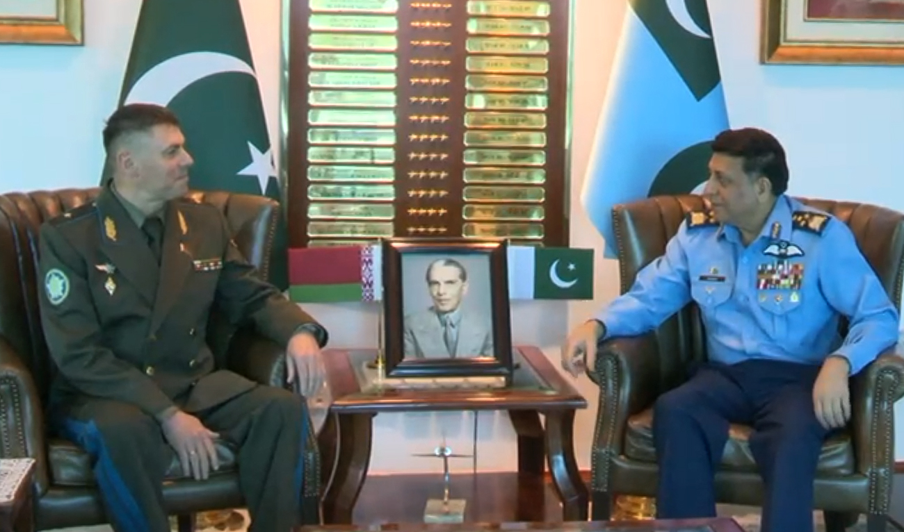 Pakistan Air Force Chief Air Marshal Zaheer Ahmed Babar Sidhu speaks during a meeting with Belarus Commander of the Air Force Major General Andrei Yulianovich Lukyanovich, in Islamabad on June 5, 2025. (PAF)