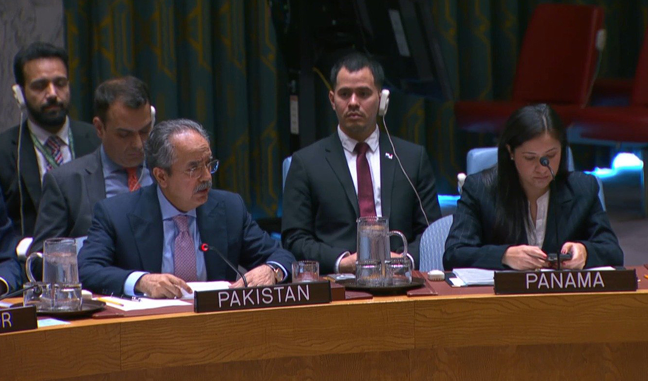 Pakistan’s Ambassador to the United Nations Asim Iftikhar Ahmad speaks during a UN Security Council briefing on the United Nations Assistance Mission in Iraq, at the UN Headquarters in New York on June 10, 2025. (Photo courtesy: X/@PakistanUN_NY)