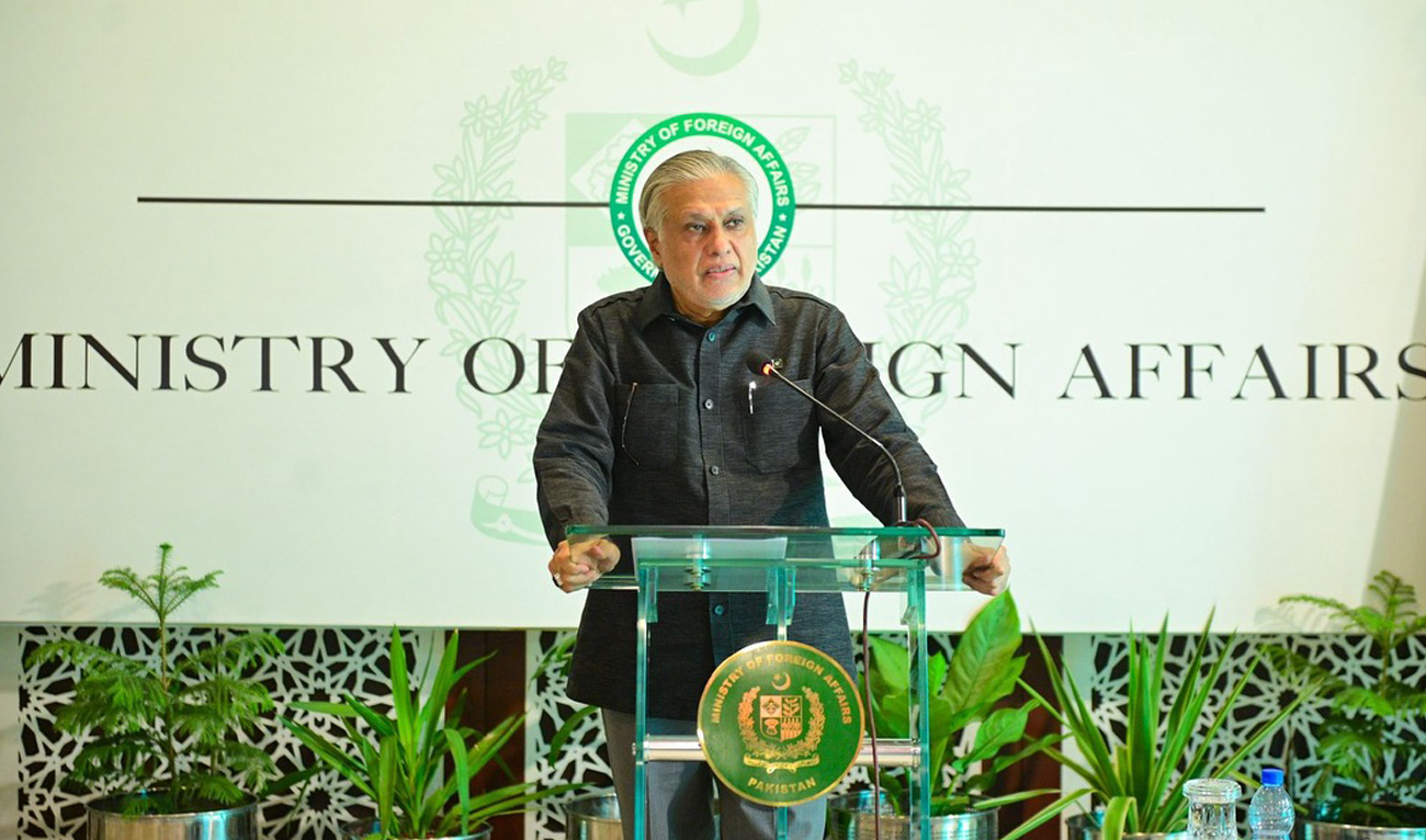 Pakistan Deputy Prime Minister and Foreign Minister Ishaq Dar speaks during a meeting with the foreign ministry officials at the Ministry of Foreign Affairs in Islamabad on May 14, 2025. (Photo courtesy: Handout/MOFA/File)