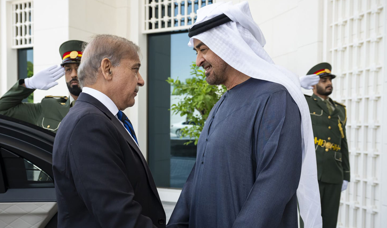 In this handout photo, released by Pakistan Prime Minister Office, United Arab Emirates President Sheikh Mohamed bin Zayed Al Nahyan receives Pakistan Prime Minister Shehbaz Sharif at the Qasr Al Shati in Abu Dhabi, UAE on June 12, 2025. (PMO/Handout)