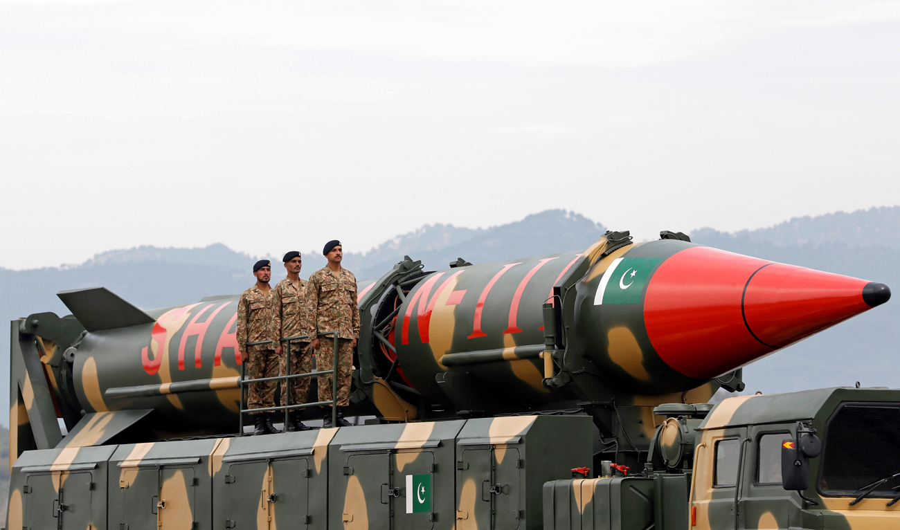 Pakistani military personnel stand beside a Shaheen III surface-to-surface ballistic missile during Pakistan Day military parade in Islamabad, Pakistan on March 23, 2019. (REUTERS/File)
