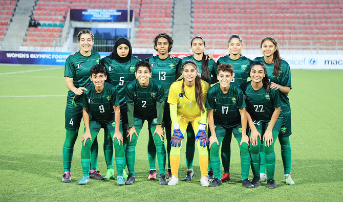 The photo posted on April 12, 2023, shows the Pakistan women's football team posing for a photo. (@TheRealPFF/Twitter)