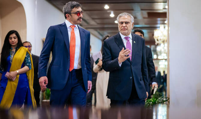 Pakistan’s Deputy Prime Minister and Foreign Minister Ishaq Dar (right) meets his UAE counterpart Sheikh Abdullah bin Zayed Al-Nahyan in Islamabad, Pakistan, on April 21, 2025. (UAE Ministry of Foreign Affairs/File)
