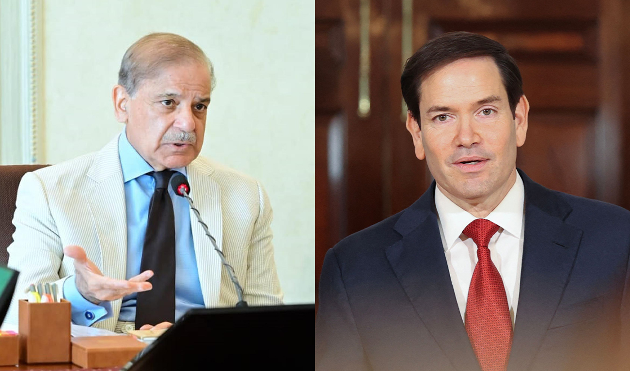 The collage of images created on June 20, 2025, shows Pakistan’s Prime Minister Shehbaz Sharif (left) chairing a meeting in Islamabad, and US Secretary of State Marco Rubio in a meeting at the State Department in Washington, DC on June 20, 2025. (PID/AFP/File)
